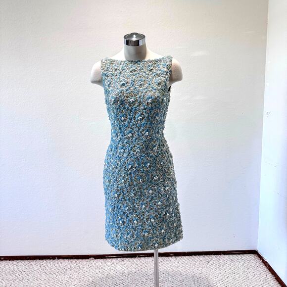 Royal Cathay Vintage Powder Blue Knit Floral Sequin Beaded Dress Size Small - Picture 1 of 9